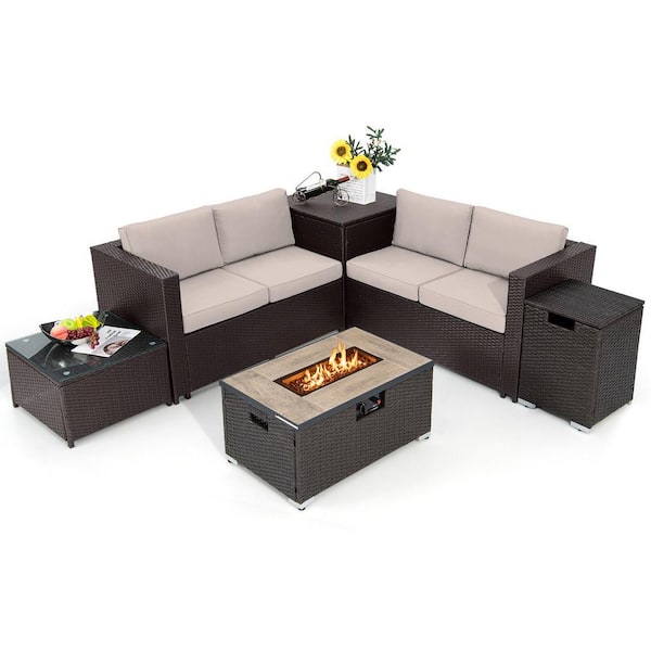 Gymax 6 Piece Patio Sofa & Fire Table Set Outdoor Wicker Rattan Sectional Sofa Set w/Storage Box Beige