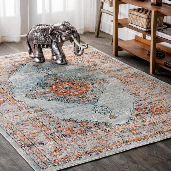 JONATHAN Y Cadiz Vintage Medallion Coral/Turquoise 5 ft. 3 in. x 7 ft. 7 in. Area Rug