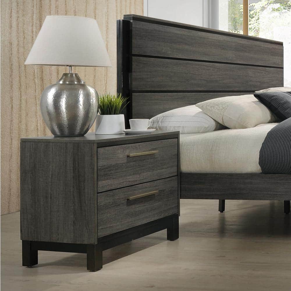 Contemporary Antique Gray 2 Drawers Wood Nightstand