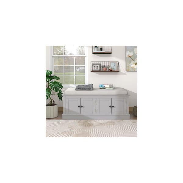17.4 in. H x 42.7 in. W Gray Solid Wood Shoe Storage Bench with 4-Doors, Adjustable Shelves and Removable Cushion