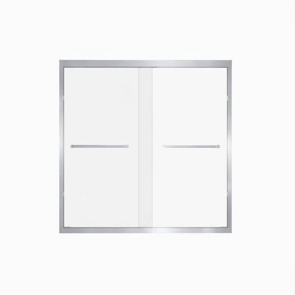 56-60 in. Wx60 in. H Tempered Glass Explosion-Proof Film Aluminum Frame Double Sliding Shower Door 1/4 in. Glass, Nickel