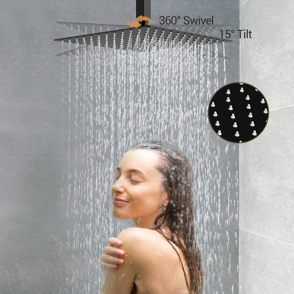 Matte Black Large Square Brass Ceiling Mounted Shower System