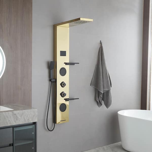 Dual 4-in-1 2-Jet Rainfall Shower Panel System with Rainfall Shower Head, Shelf, STub Spout and LED Light in Black Gold
