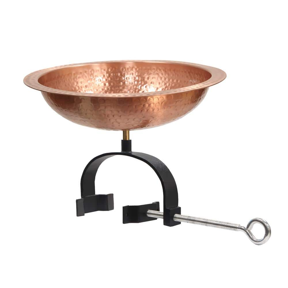 15 in. L Round Satin Copper Hammered Birdbath with Wrought Iron Over Rail Bracket -  ACHLA DESIGNS, BBHC-02T-OR2