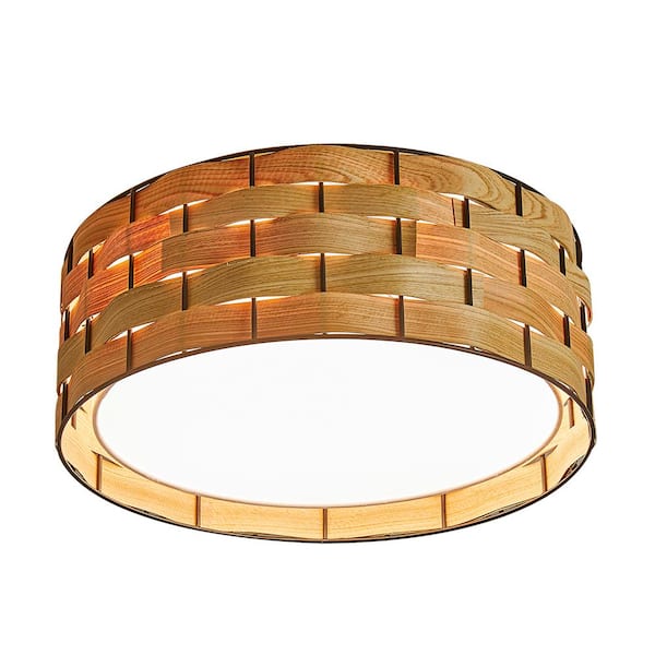 MLiAN 15.7 in. 3-Light Flush Mount with Wood Shade and No Bulbs Included