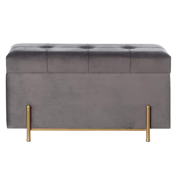FABULAXE Gray Large Velvet Storage Ottoman with Gold Legs