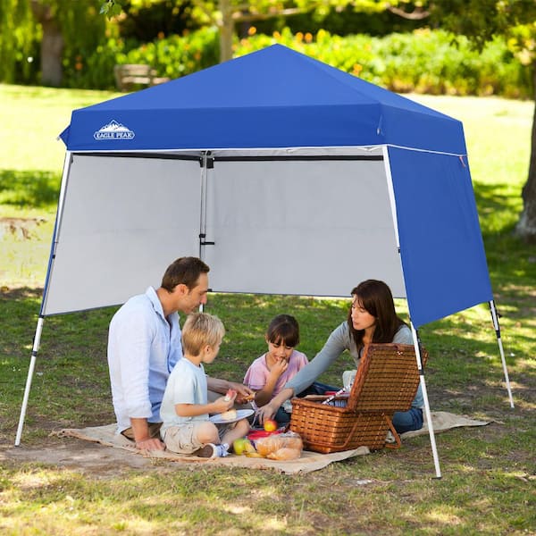 EAGLE PEAK 8 ft. x 8 ft. Blue Portable Outdoor Pop Up Aluminum Frame Slant Leg Canopy with Adjustable Sidewalls and Backpack Bag