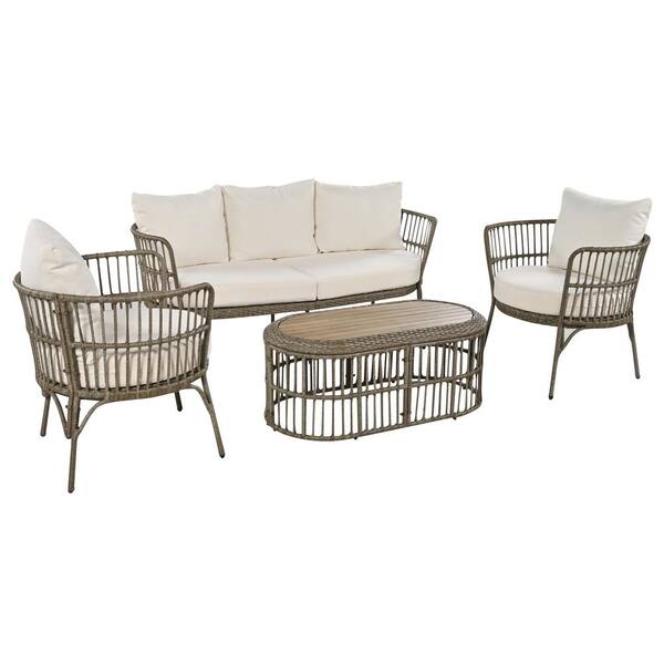 Unbranded 4 Pieces Rattan Metal Outdoor Patio Conversation Set with Brown Grey Cushion Coffee Table, for Patio, Porch and Garden