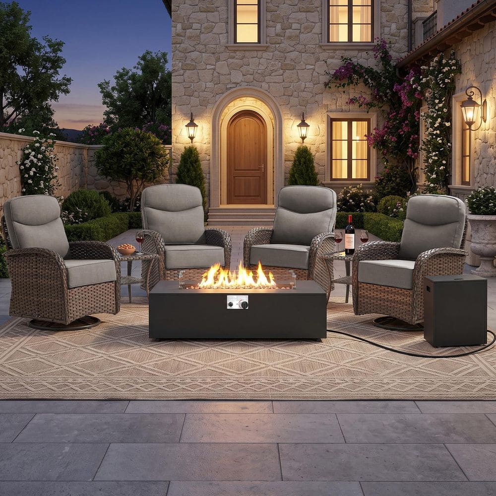 Goyal Brown 7-Piece Wicker Patio Fire Pit Conversation Set Outdoor Swivel Glider Chairs with 6 in. Thick Gray Cushions price history on PriceWatchPro
