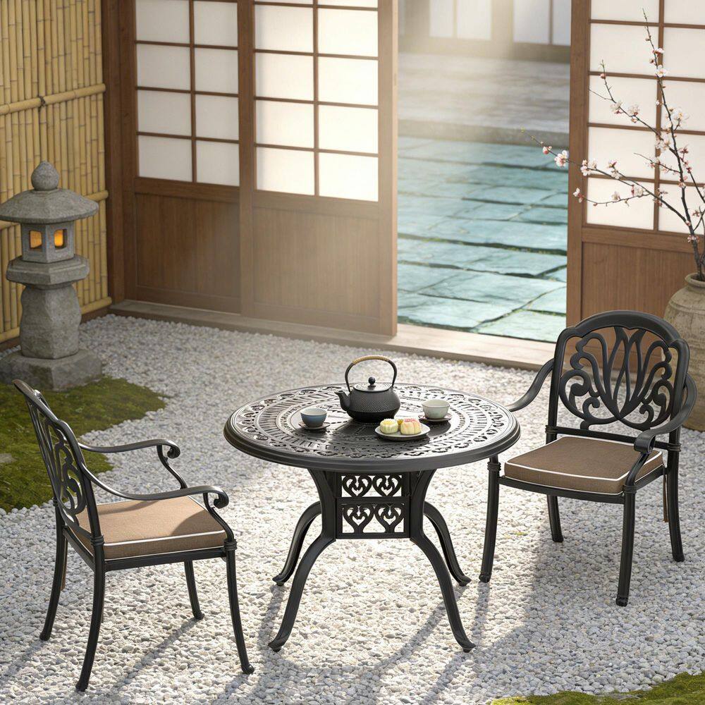 3-Piece Black Cast Aluminum Patio Outdoor Dining Set with Round Table and 2 Chairs with Brown Cushions price history on PriceWatchPro