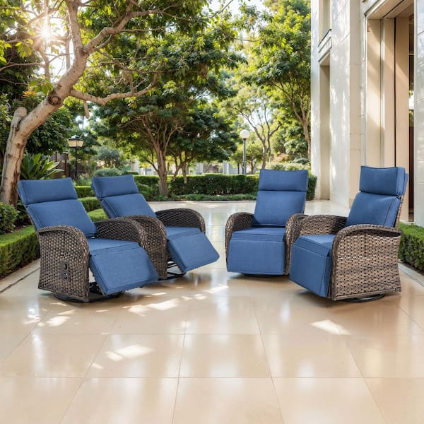 PlainCurve 4-Piece Brown Wicker Outdoor Adjustable Swivel Recliner Chair with Navy Blue Cushions