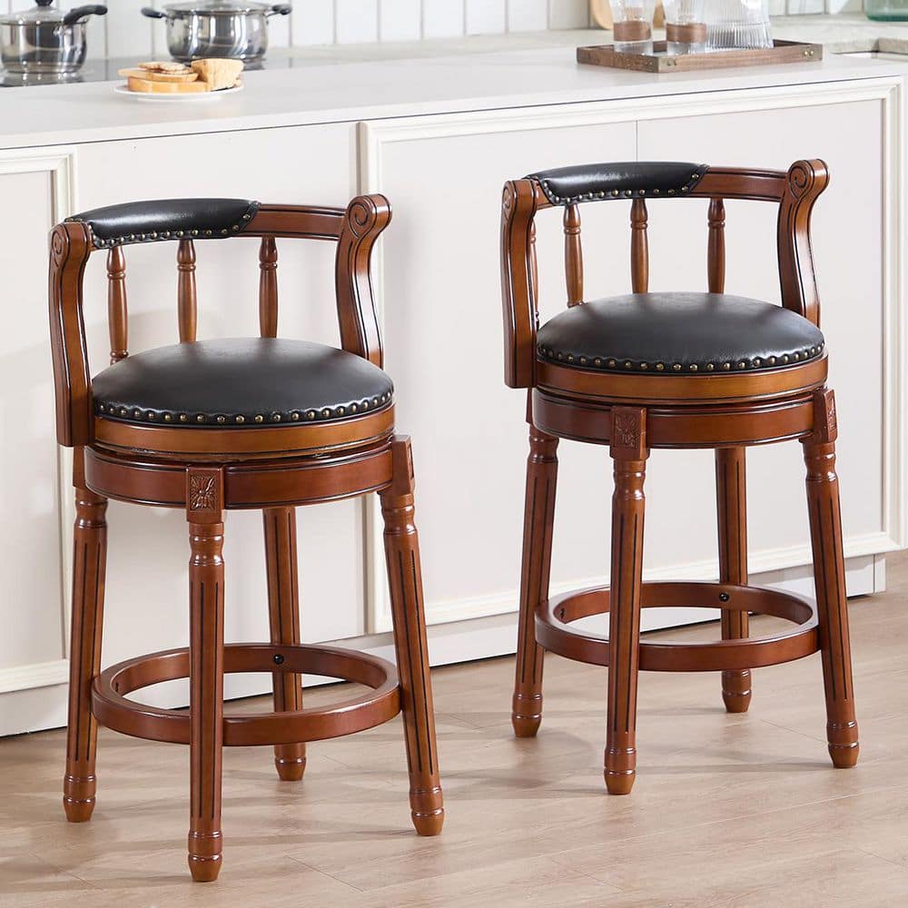 26 in. H Black Cow top Leather Wood Swivel Bar Stool with Upholstered Seat and Back for Dining Room and Bar price history on PriceWatchPro