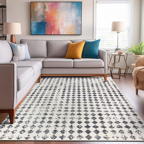 Geometric Distressed Abstract Washable Non Slip Ivory 3 ft. x 5 ft. Area Rug