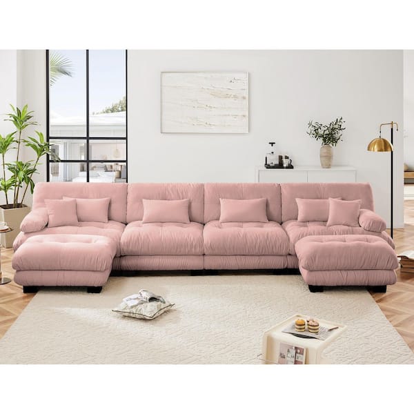 Ronald 173.2 in. Chenille Upholstered U Shaped Sectional Sofa in Pink with 2 Ottomans, 2 Lumbar Pillows, 2 Throw Pillows