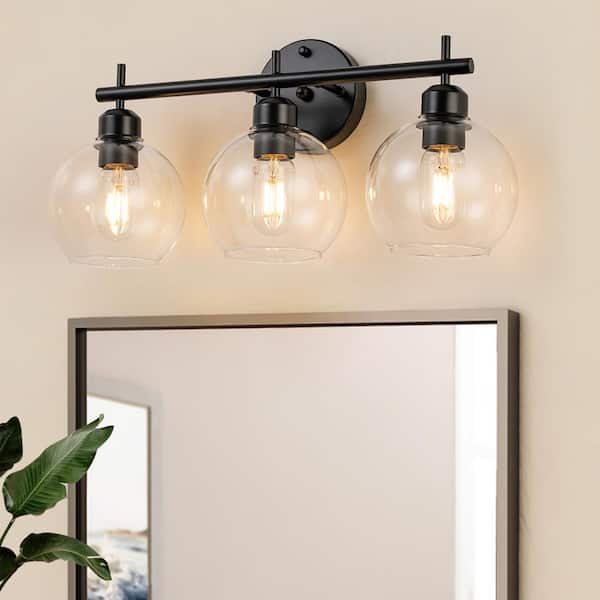 GoYeel 20.08 in. 3-Light Matte Black Modern/Contemporary Globe Glass Shade Bathroom Vanity Light