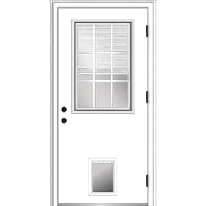 32 in. x 80 in. Internal Blinds/Grilles Left-Hand Outswing 1/2-Lite Clear Fiberglass Prehung Front Door with Pet Door
