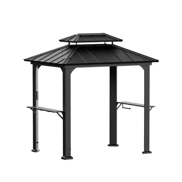 Lindsay 6 ft. x 8 ft. Black Aluminum Galvanized Steel Outdoor Patio Hard Top Grill Gazebo With Two Shelves