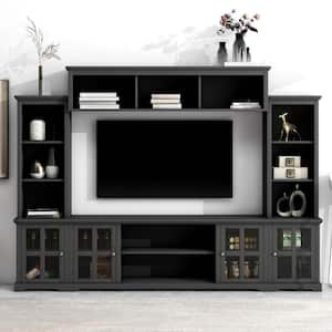 Modern Black TV Stand Fits TV's up to 70 in. with Bridge, Tempered Glass Door