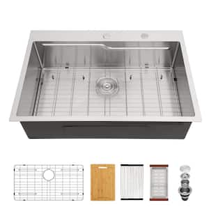 33 in. Drop-In/Topmount Single Bowl 16-Gauge Stainless Steel Z-Shaped Ledge Workstation Kitchen Sink with Bottom Grid