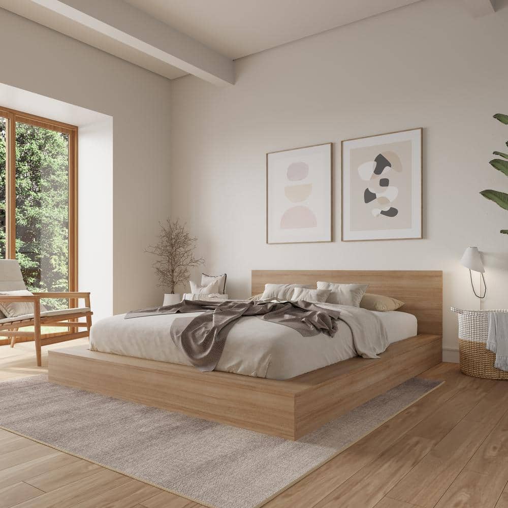 (2 boxes) Kanso Brown Oak Frame Queen Size Low Profile Platform Bed