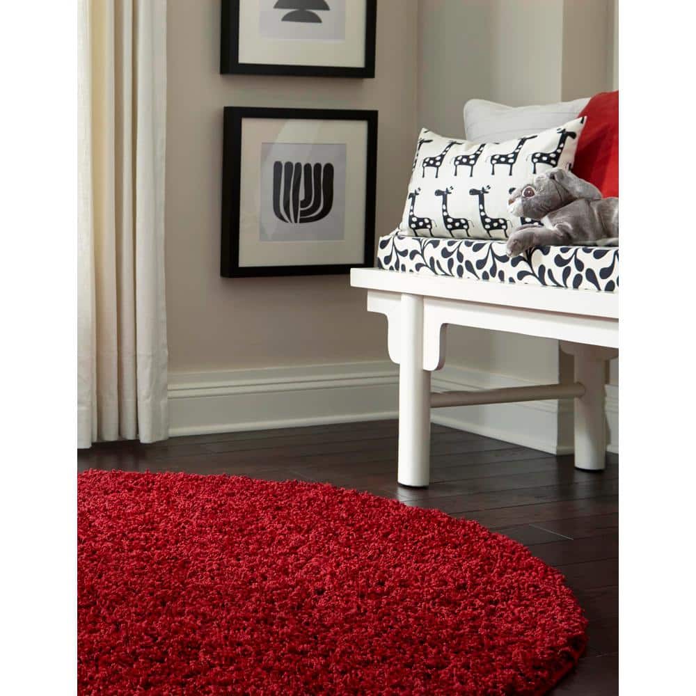 Luxe Cherry Red Round Shag Rug, Stain-Resistant & Washable