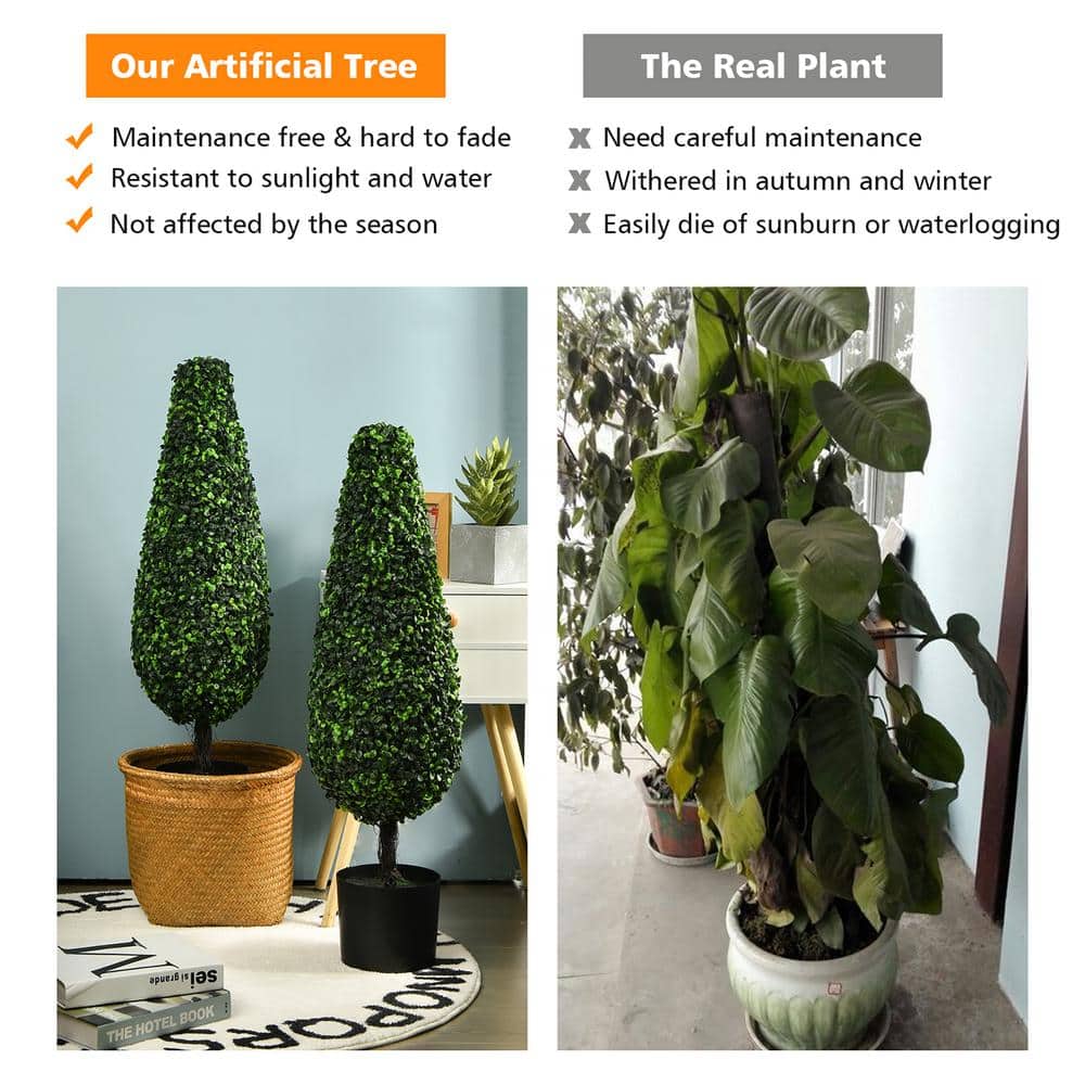 Lush Boxwood Tower Topiary in Black Plastic Pot, UV Resistant