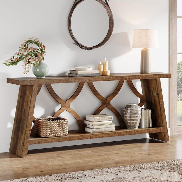 BYBLIGHT Turrella 70.87 in. Brown Rectangle Wood 2-Tier Console Table with Storage Shelf for Entrance, Hallway, Living Room