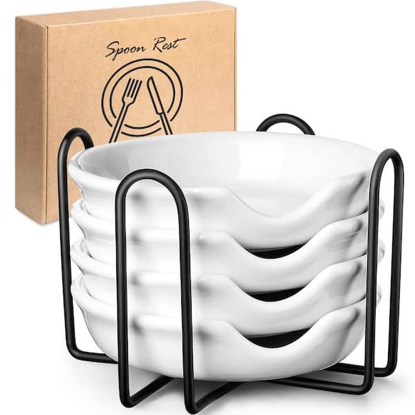 4-Pack Ceramic Spoon Rest with Metal Holder, 4.8 in. Kitchen Spoon Holder, Stove Top Utensil Rest for Coffee Spoons