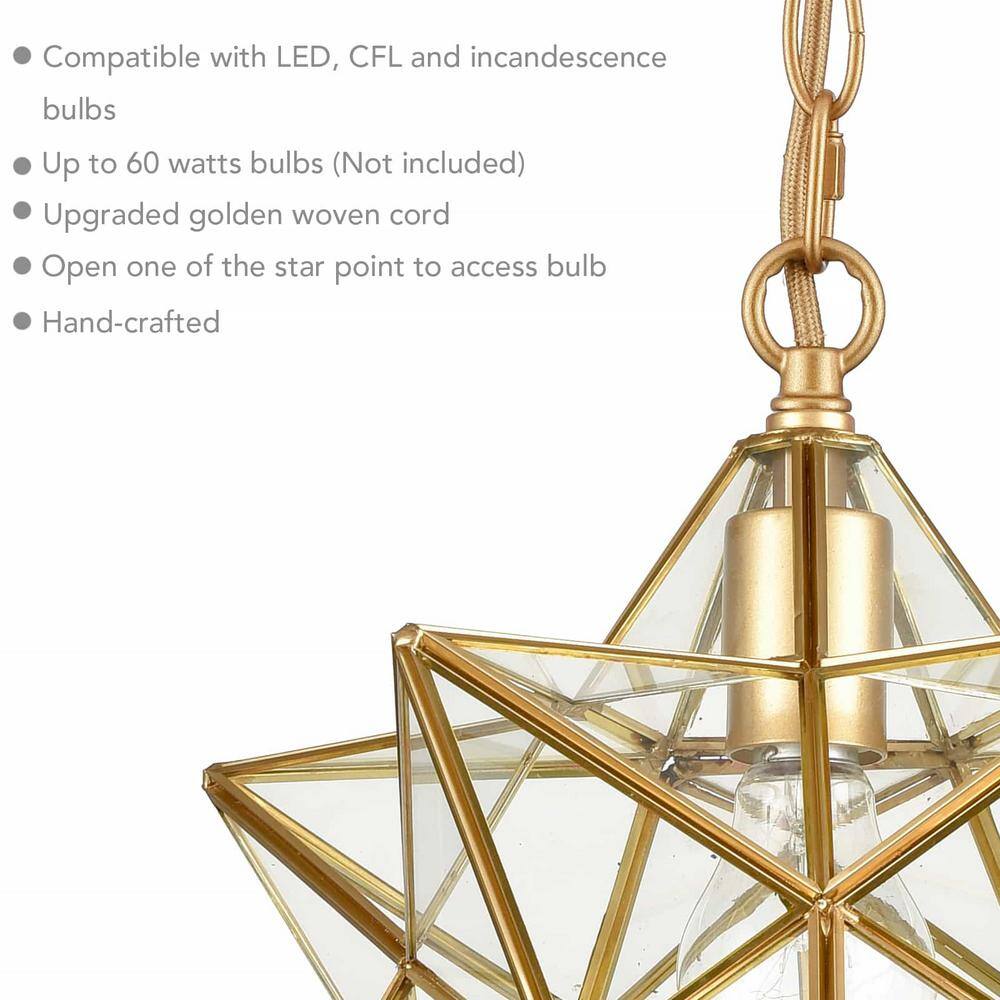 Geometric Brass Star Pendant Light with Clear Glass Shade