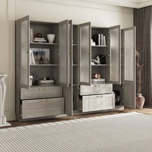 70.9 in. Tall 10-Shelf Gray Wood Grain Standard Bookcase Bookshelf with Adjustable Shelves, Frosted Glass Doors, Drawers
