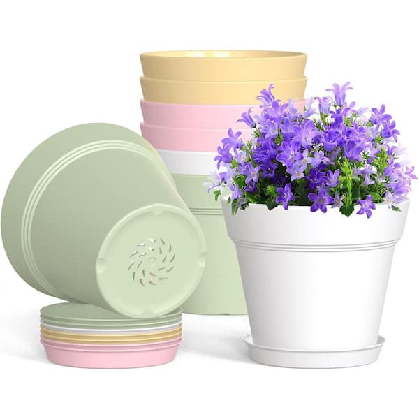 Plastic Plant Pots with Drainage Holes and Trays, Seedling Starter Planters, Multicolor, 8-Pack (4 in. W x 3.4 in. H)