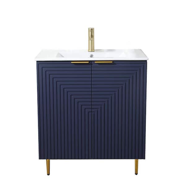 30 in. Modern Freestanding Bathroom Vanity with Single White Ceramic Top, Navy Blue Cabinet with Soft-Close Doors