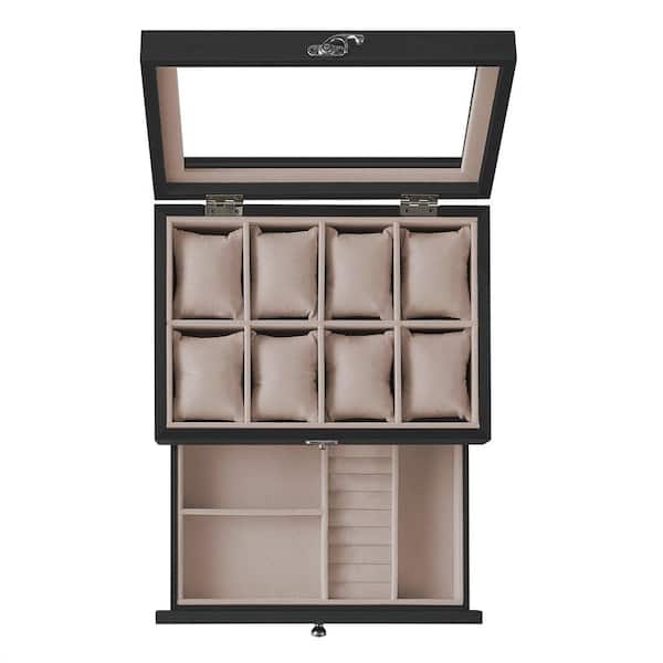 Unbranded Black Wood 8-Slot Watch Box with Glass Top and Removable Watch Pillows