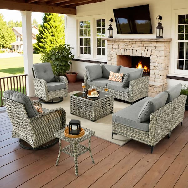 HOOOWOOO Holston 8-Piece Wicker Modern Outdoor Patio Conversation Sofa Sectional Set with Swivel Chairs and Dark Grey Cushions