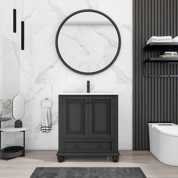 30 in. W. x 18.2 in. D x 34 in. H 1-Sink Freestanding Bath Vanity in Gray with White Ceramic Top and Drain Faucet Set