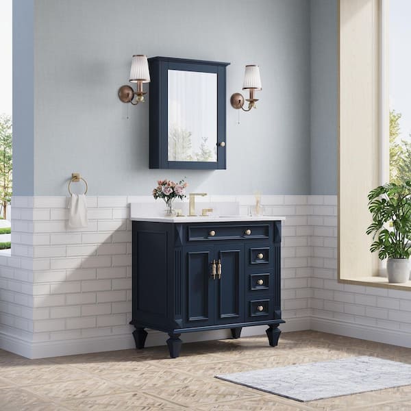 36 in. Single Sink Freestanding Solid Wood Bath Vanity in Navy Blue with White Quartz Top, Soft-Close, Full assembled