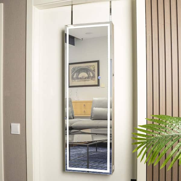 Antique Gray 14.24 in. W x 43.30 in. H Rectangular Wood Framed Mirror with LED and Jewelry Storage