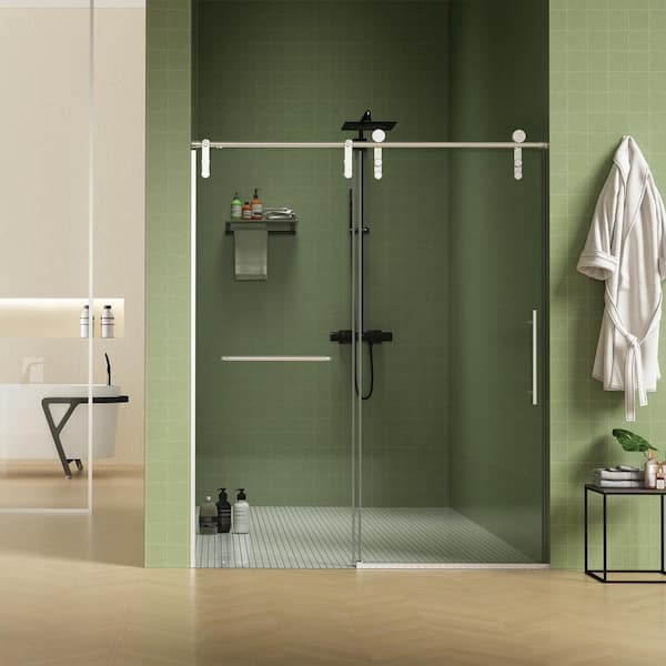 ANGELES HOME 56-60 in. W x 74 in. H Sliding Frameless Shower Door in Brushed Nickel Finish with 5/16 in. (8mm) Clear Glass and Buffer