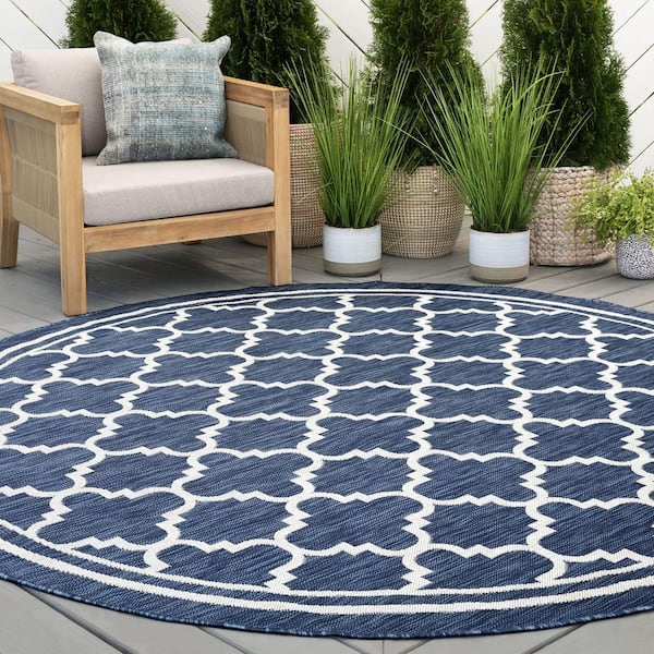 Eco Geometric Navy 6 ft. Round Indoor/Outdoor Area Rug