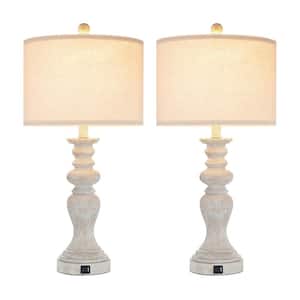 24.7 in. Rustic and Farmhouse Table Lamp Set and USB Port (Set of 2)