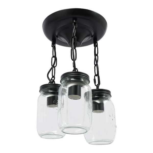 OUKANING 9.6 in. 3-Light Black Farmhouse Mason Jar Kitchen Island Pendant Light with Glass Shade, No Bulbs Included