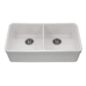 Platus Undermount Fireclay 32 in. 50/50 Double Bowl Kitchen Sink in White