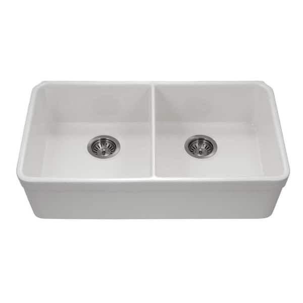 HOUZER Platus Undermount Fireclay 32 in. 50/50 Double Bowl Kitchen Sink in White