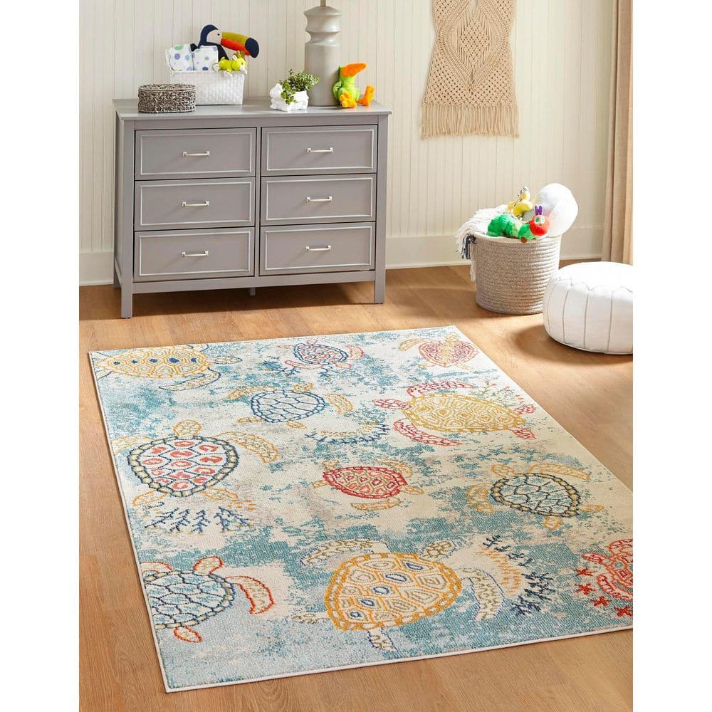 Coastal Sea Turtle Blue and Beige 4' x 6' Rug