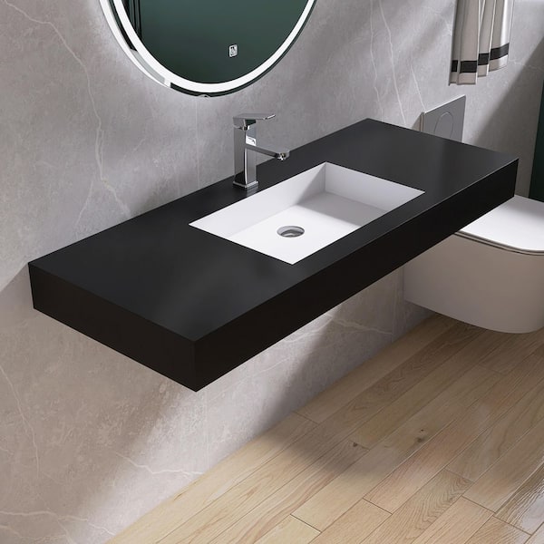 47 in. W x 19 in. D x 4 in. H Solid Surface Bathroom Wall-Mount Sink/ Vessel Sink in Black with Faucet Hole