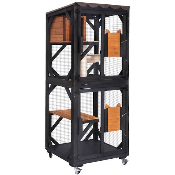 Medium Wooden Outdoor Cat Catio with Wheels, Outdoor Cat House Connecting with Window