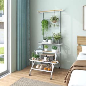 68.5 in. H x 31.5 in.W x 33.5 in. D Indoor White Metal Ladder Plant Shelf with Hanging Bar and 4-Tier
