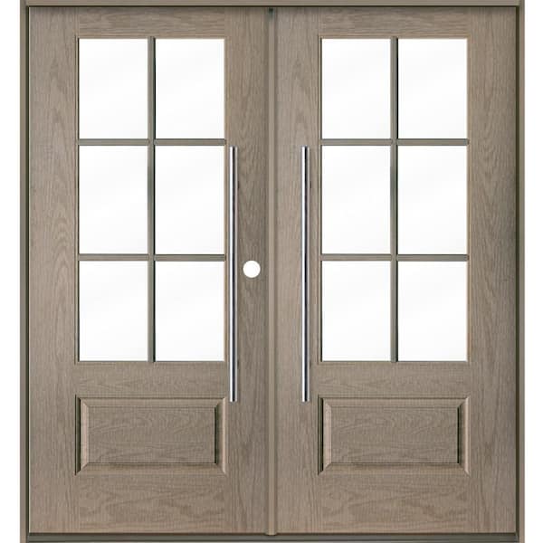 Krosswood Doors Faux Pivot 72 in. x 80 in. 6-Lite Left-Active/Inswing Clear Glass Oil Leather Stain Double Fiberglass Prehung Front Door