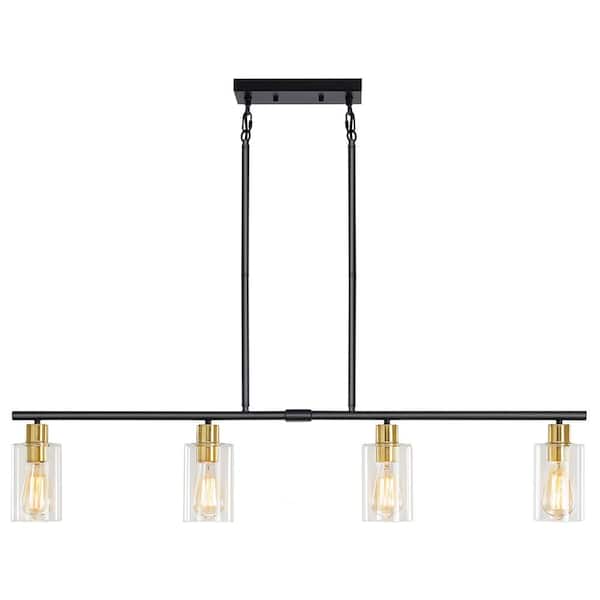 4-Light Black/Gold Industrial Linear Chandelier with Glass Shades for Kitchen Island with No Bulbs Included