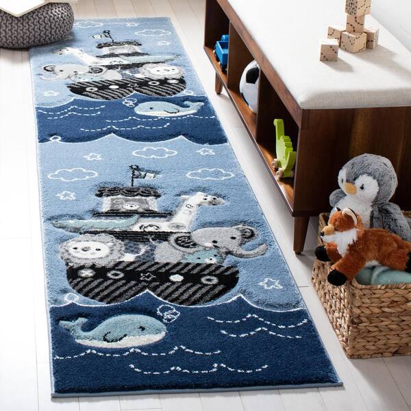 Carousel Kids 2 ft. x 12 ft. Blue/Gray Novelty Runner Rug
